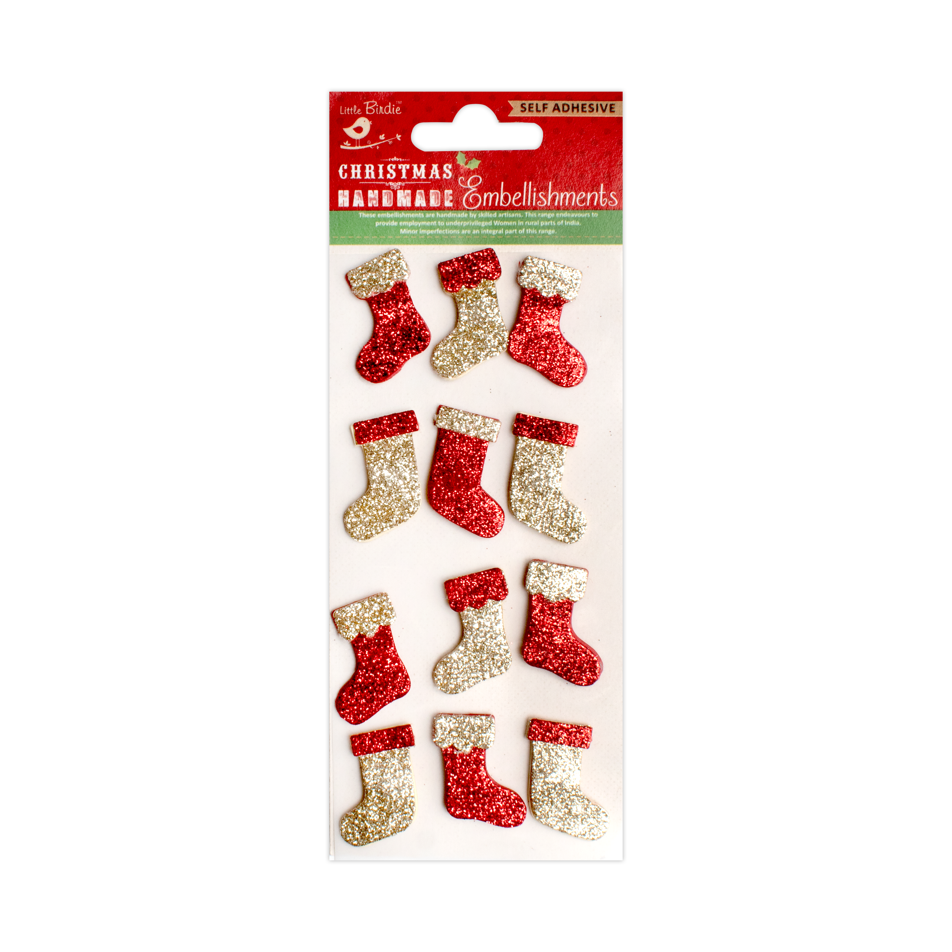Christmas 3D Mini Glitter Stockings Traditional Gold & Red Holiday Elements 12pcs