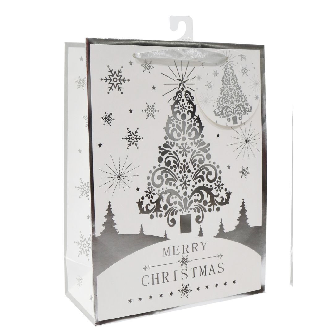Festive Gift Bag With Foil Detailing Silver White Festive Tree 18 X 8 X 24cm 1pc