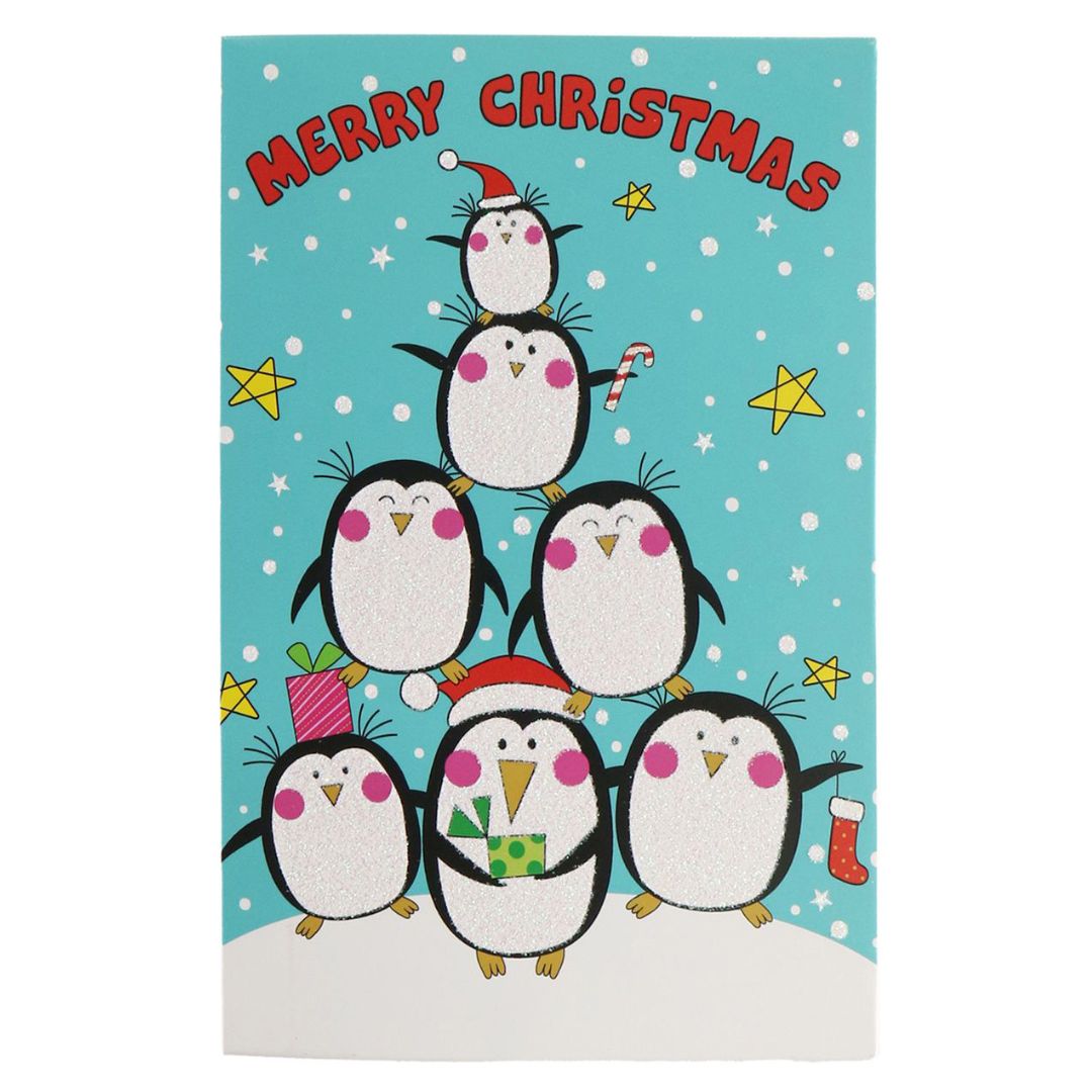 Christmas Glitter Greeting Card & Envelope Christmas Penguins 11.8 X 17.8cm 1pc