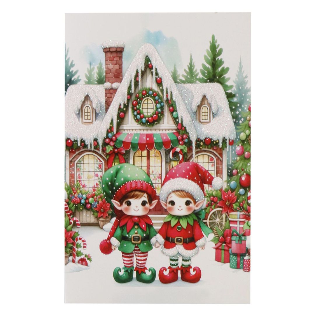 Christmas Glitter Greeting Card & Envelope Christmas Elves 11.8 X 17.8cm 1pc