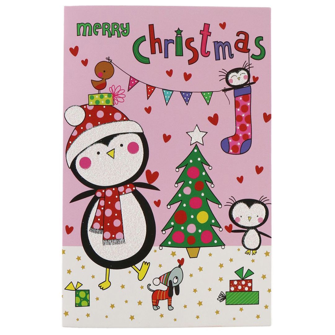 Christmas Glitter Greeting Card & Envelope Winter Penguin 11.8 X 17.8cm 1pc