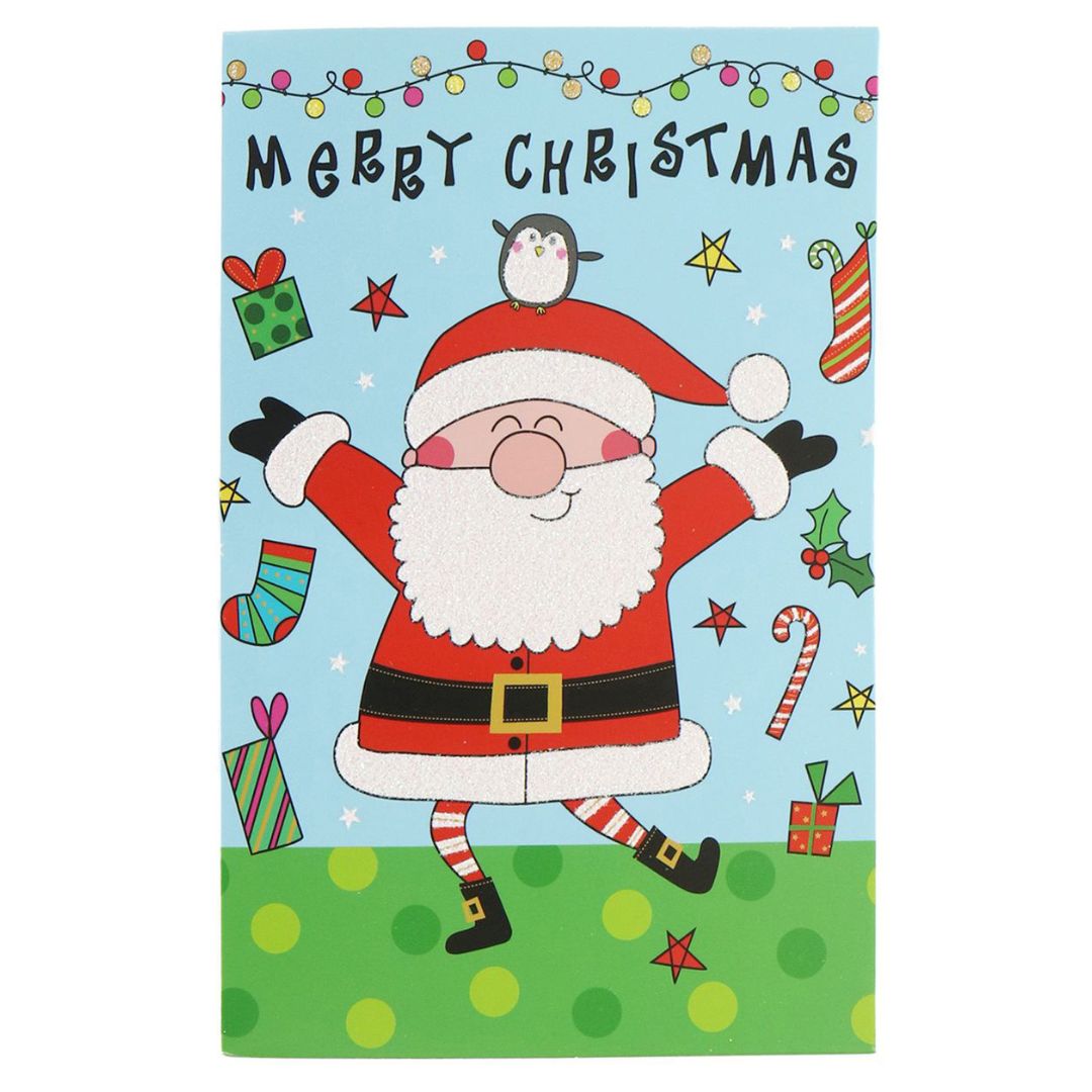 Christmas Glitter Greeting Card & Envelope Cheerful Santa 11.8 X 17.8cm 1pc