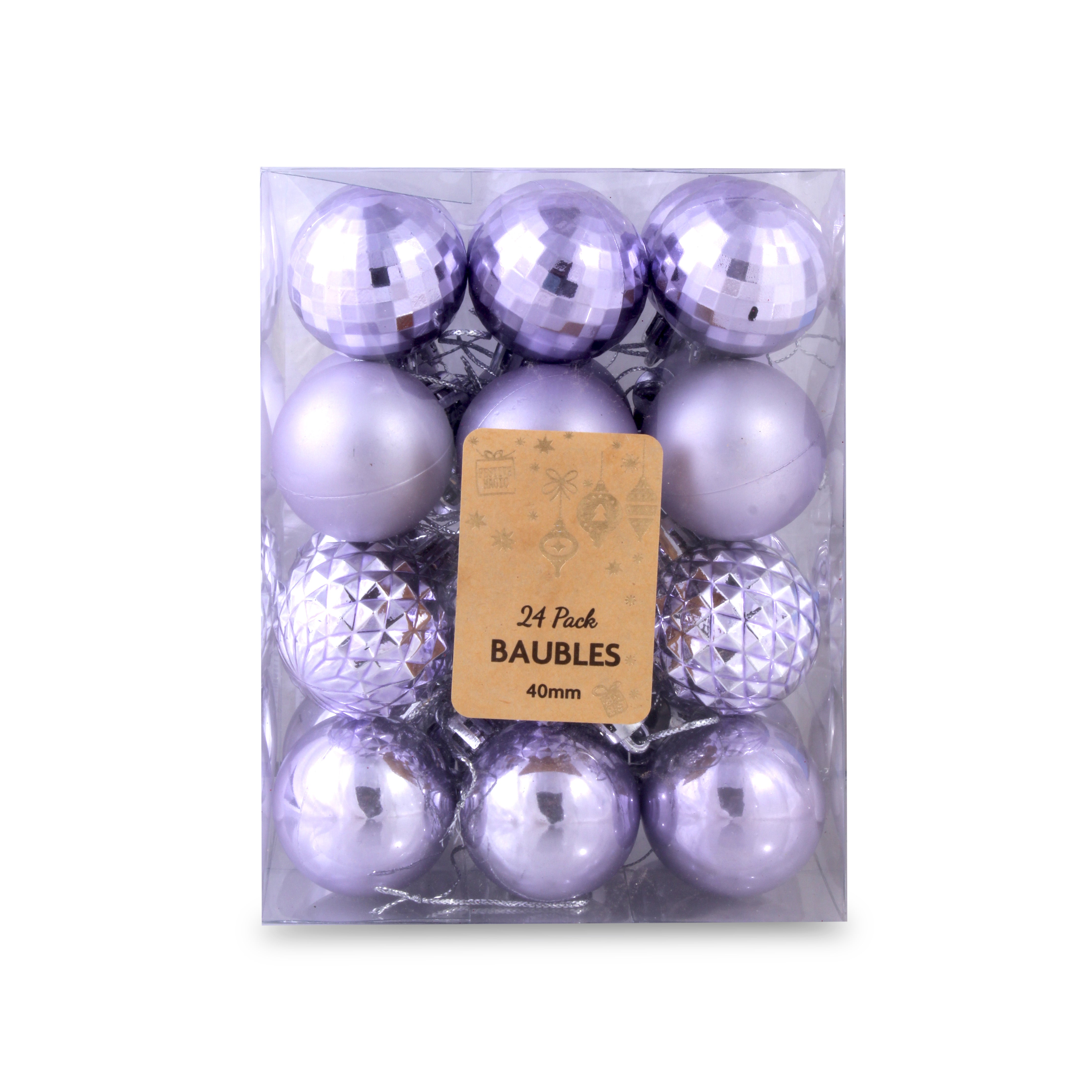 Christmas Baubles Lilac 40Mm 24Pc Acetate