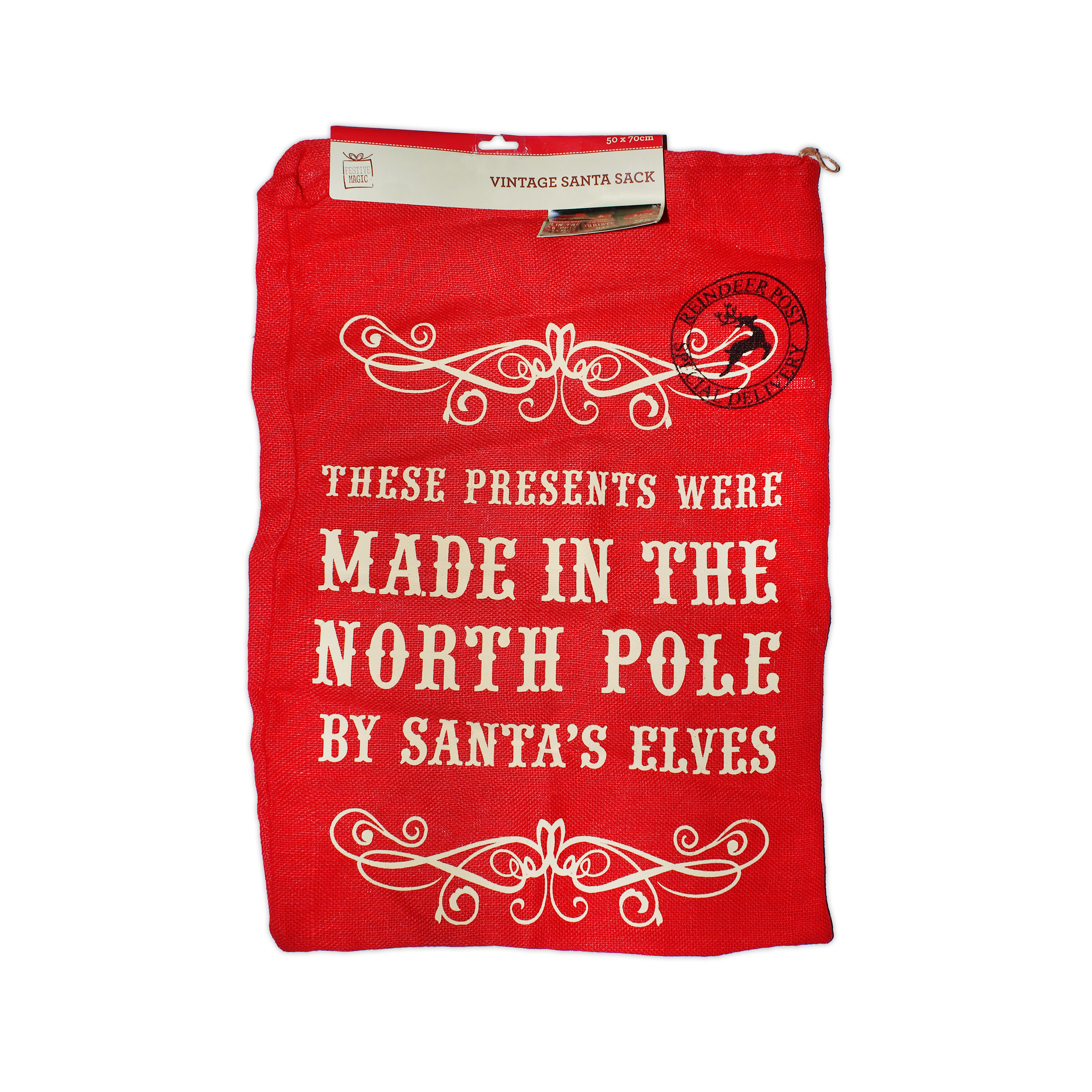 Santa Sack Red W/Gold Print Santa Elves