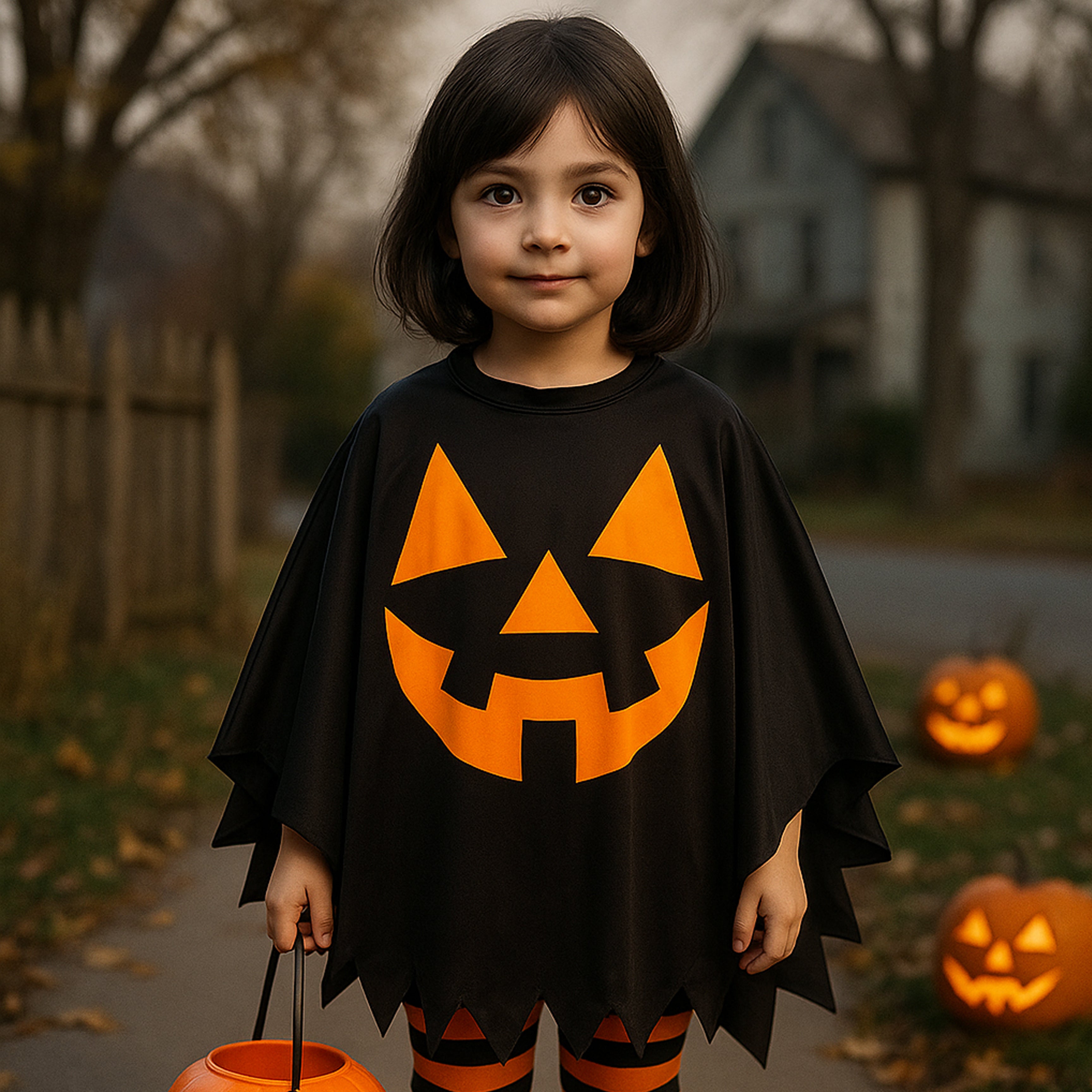 Halloween Poncho for kids Carved Pumpkin 1pc