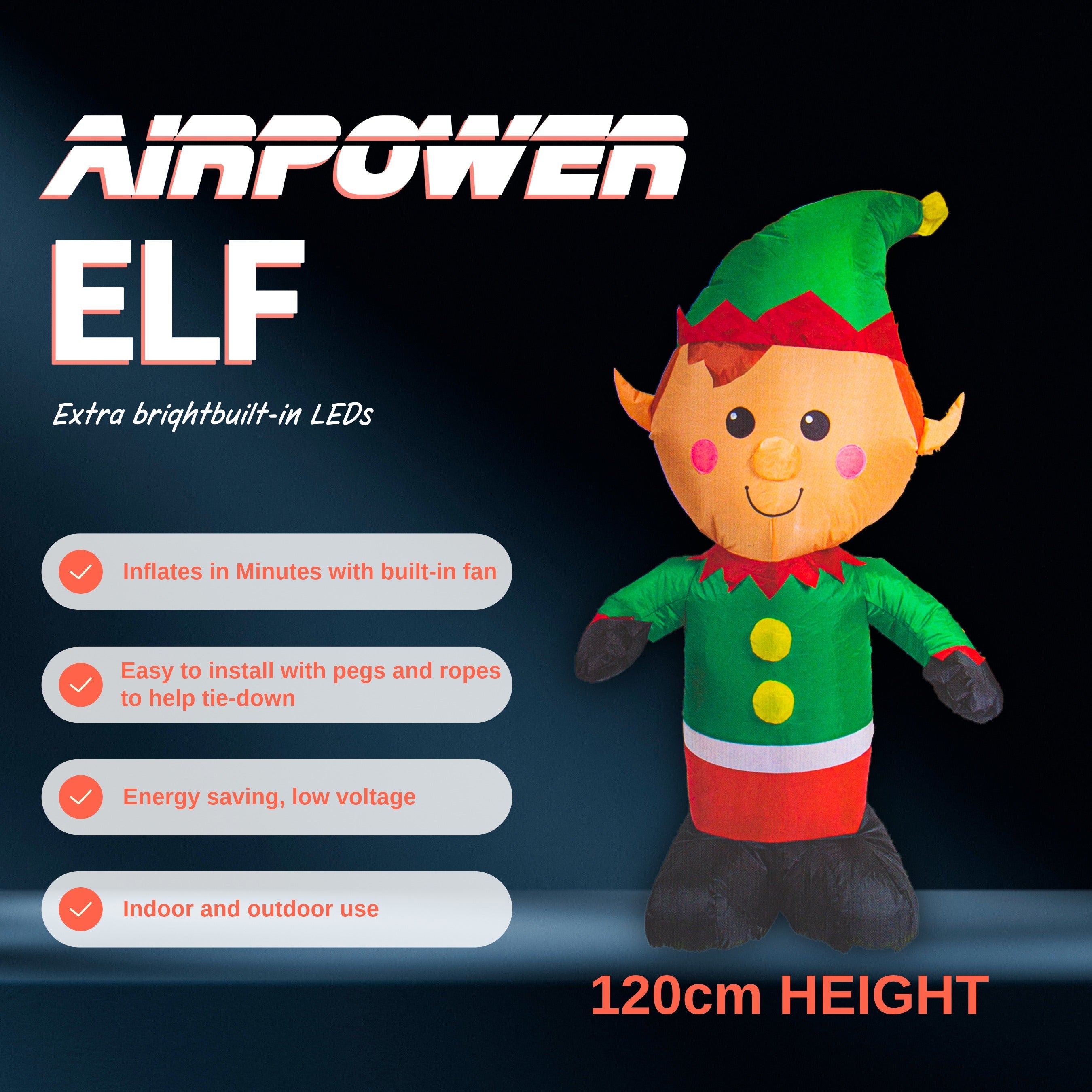 LED - Inflatable Christmas Decoration Electric Air Power Blow Up with Light Elf 120cm 1pc