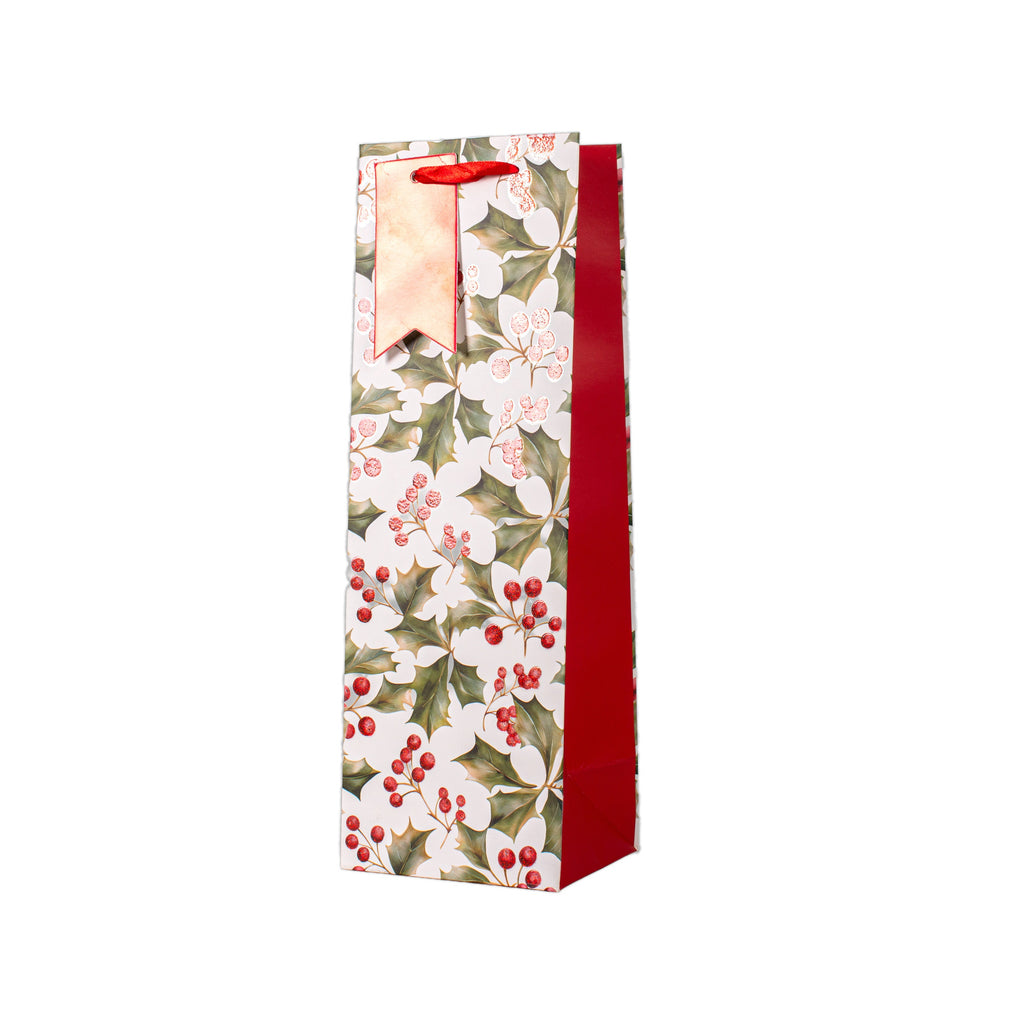 Christmas Wine Gift Bag with Glitter Winter Holly 12 X 10 X 36cm 1pc