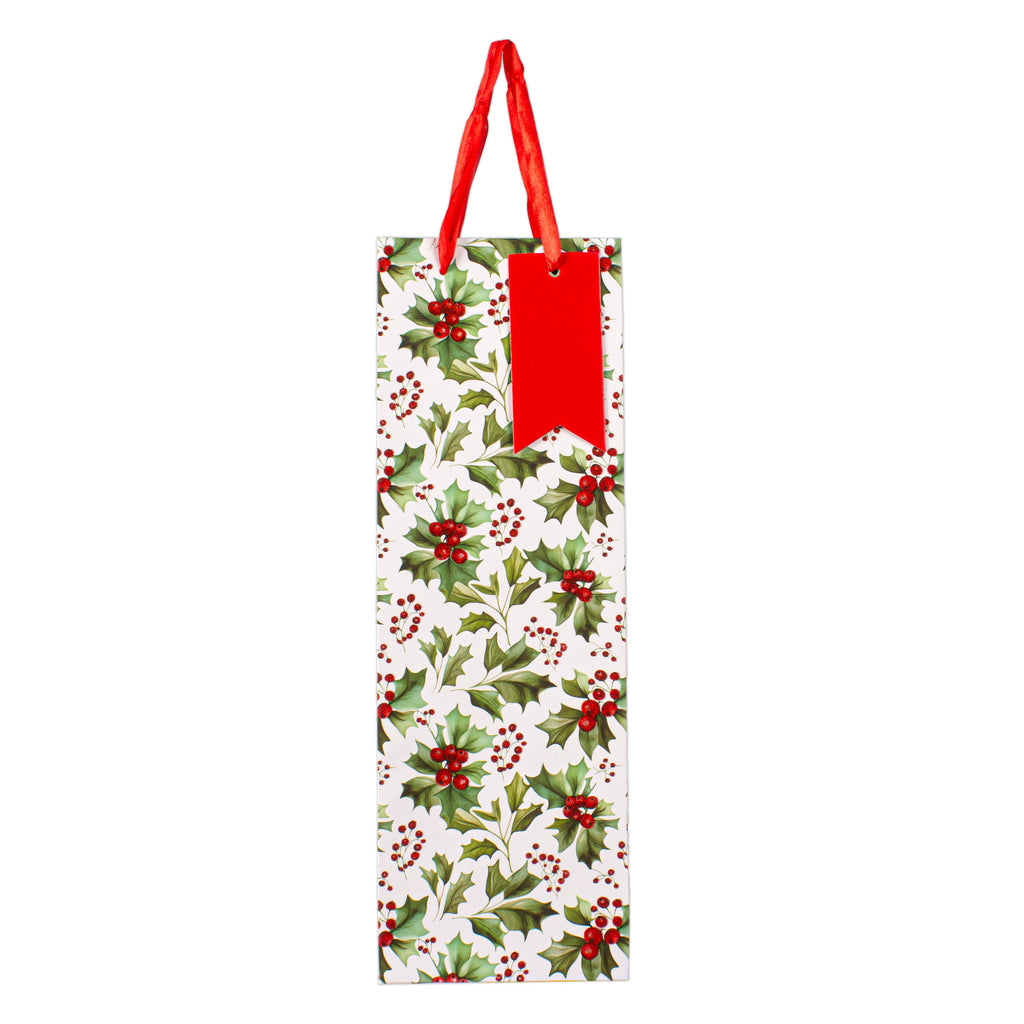 Christmas Wine Gift Bag with Glitter Holly Berry 12 X 10 X 36cm 1pc