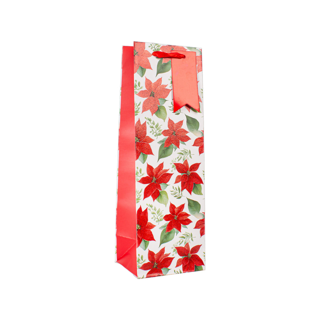 Christmas Wine Gift Bag with Glitter Red Poinsettia 12 X 10 X 36cm 1pc