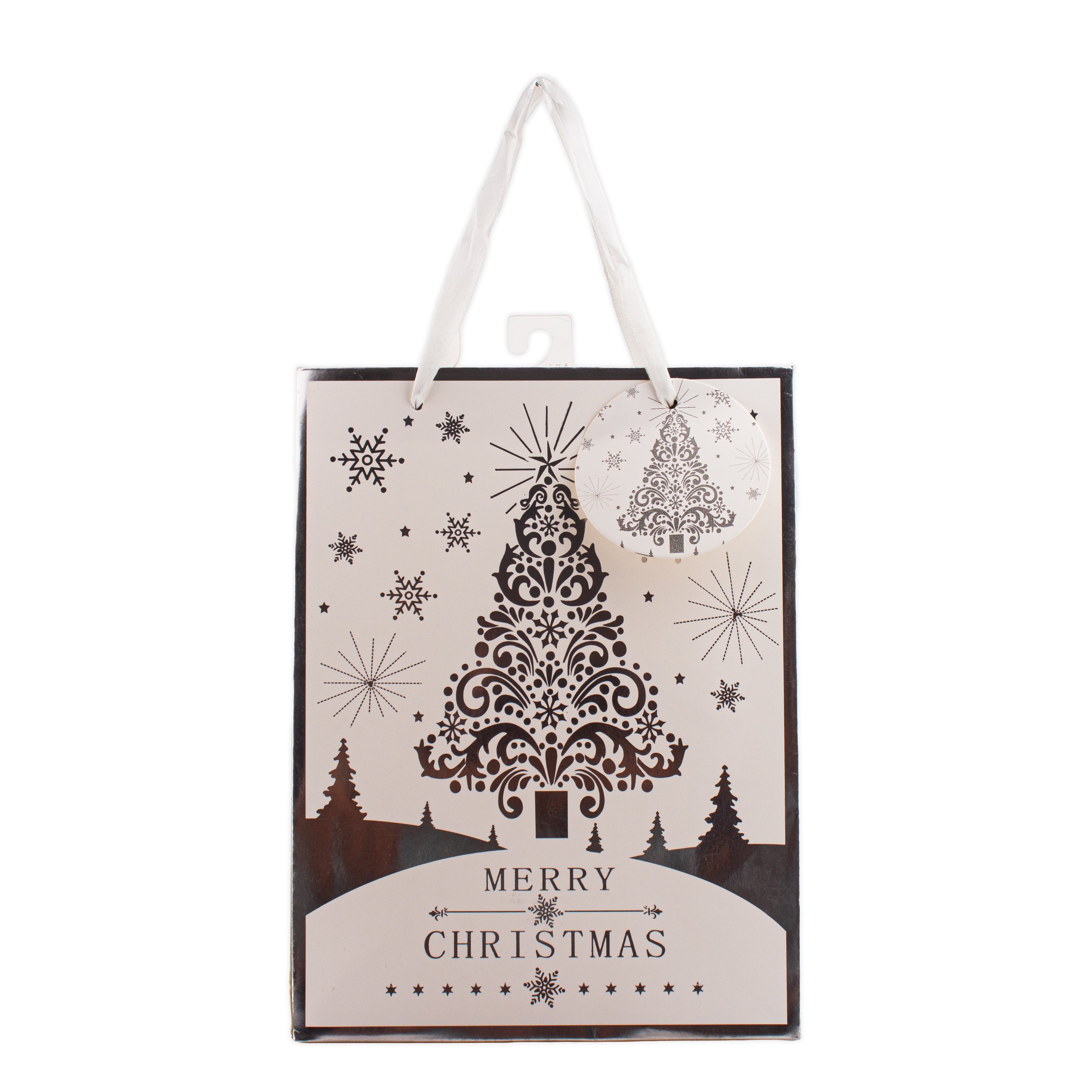 Festive Gift Bag With Foil Detailing Silver White Festive Tree 18 X 8 X 24cm 1pc