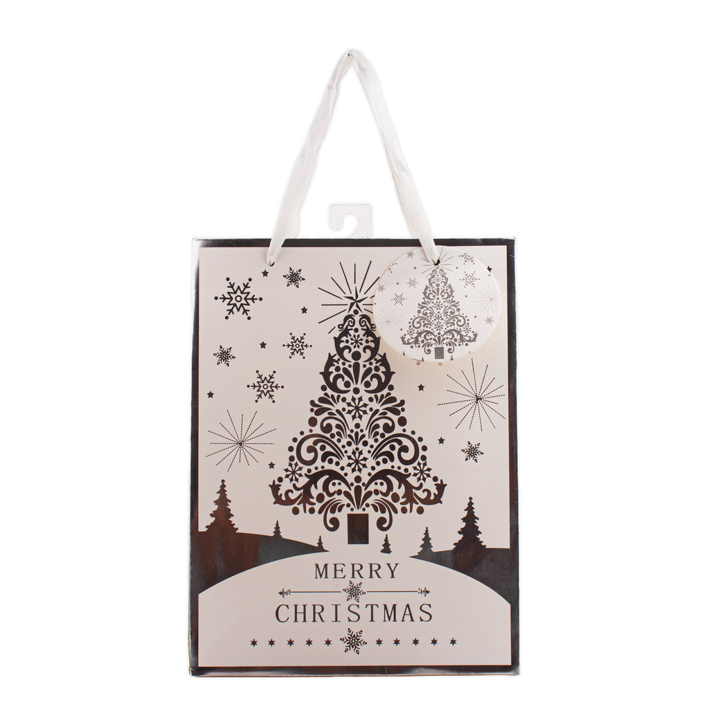 Festive Gift Bag With Foil Detailing Silver White Festive Tree 18 X 8 X 24cm 1pc