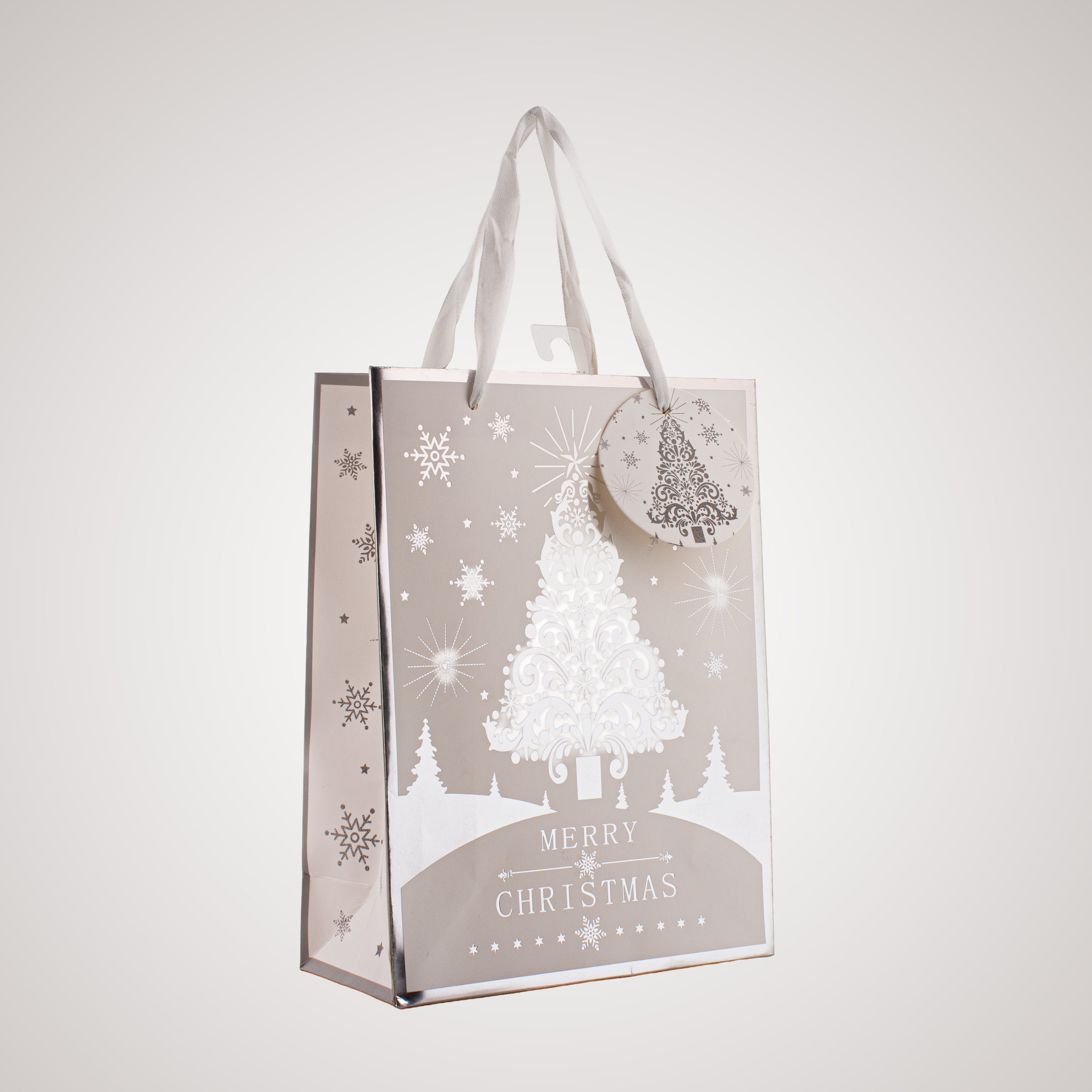 Festive Gift Bag With Foil Detailing Silver White Festive Tree 18 X 8 X 24cm 1pc