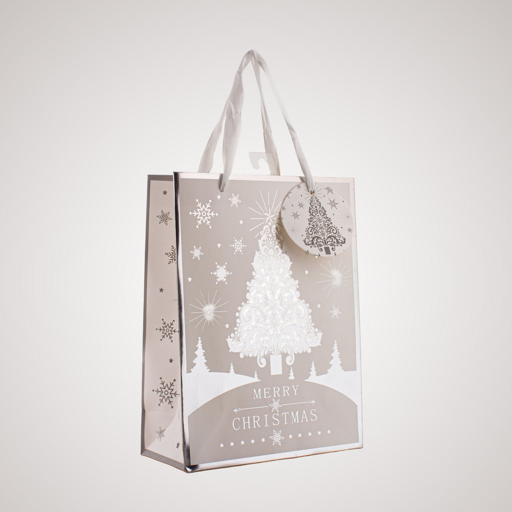Festive Gift Bag With Foil Detailing Silver White Festive Tree 18 X 8 X 24cm 1pc