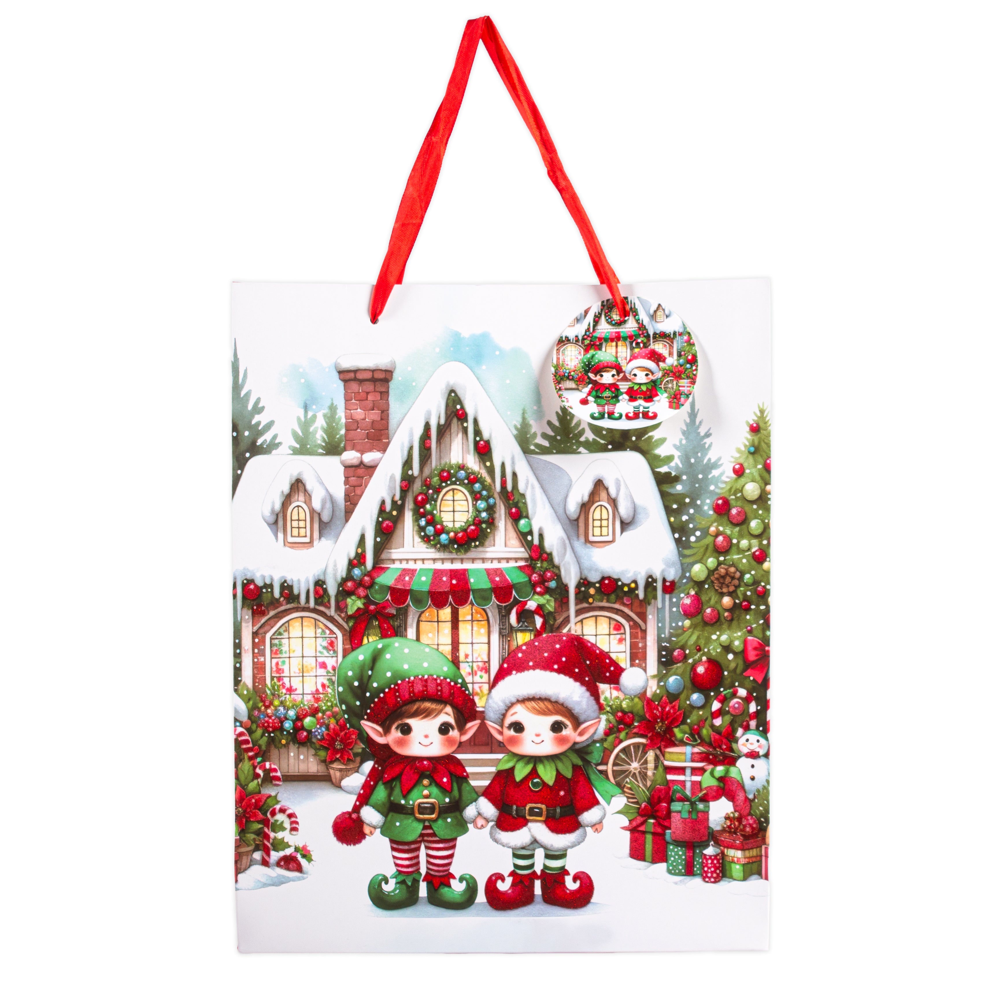 Christmas Gift Bag With Glitter Adorable Elves 26 X 10 X 32cm 1pc