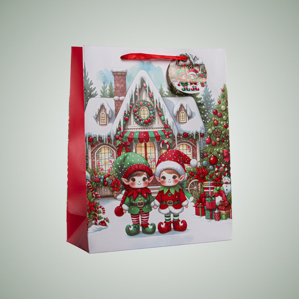 Christmas Gift Bag With Glitter Adorable Elves 26 X 10 X 32cm 1pc