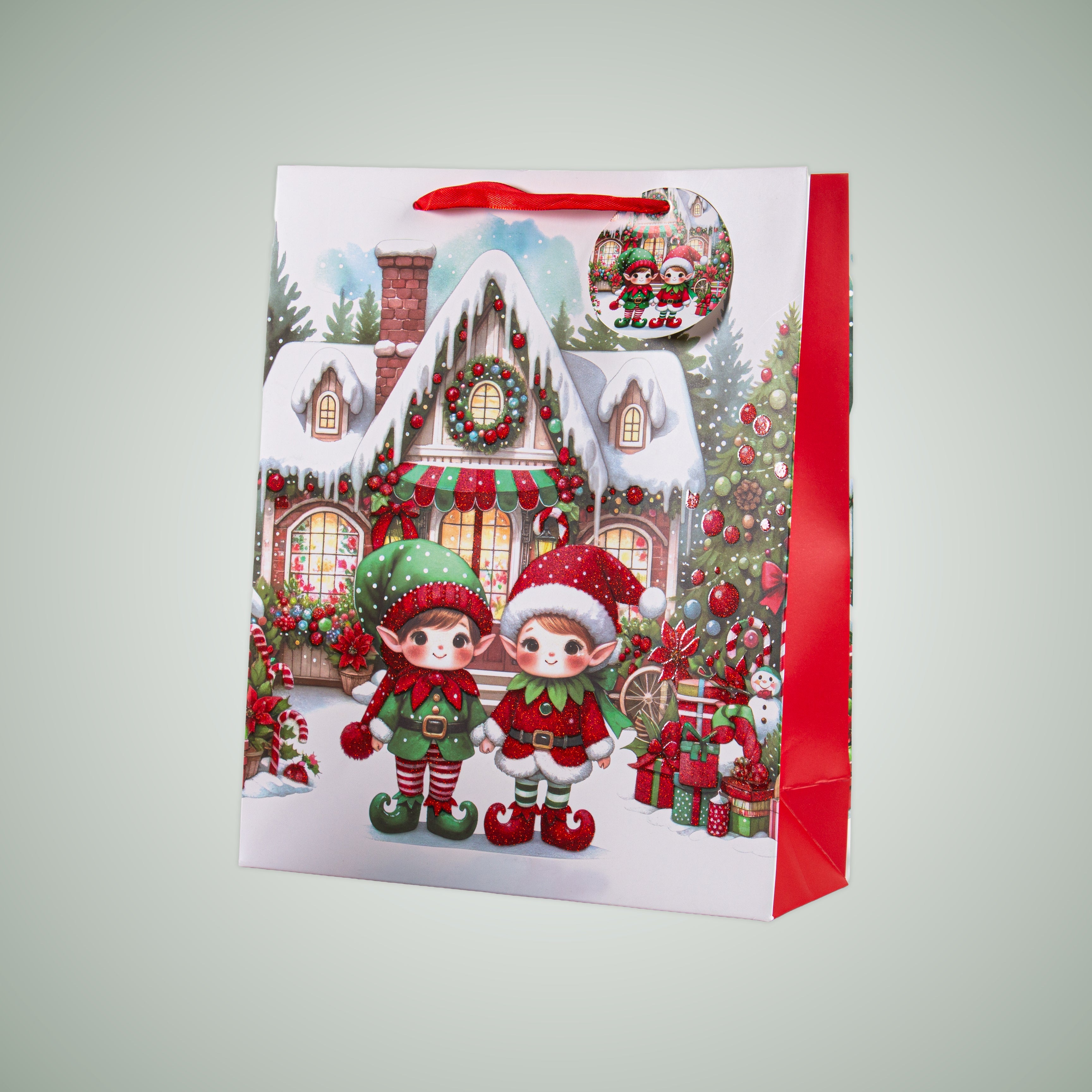 Christmas Gift Bag With Glitter Adorable Elves 26 X 10 X 32cm 1pc