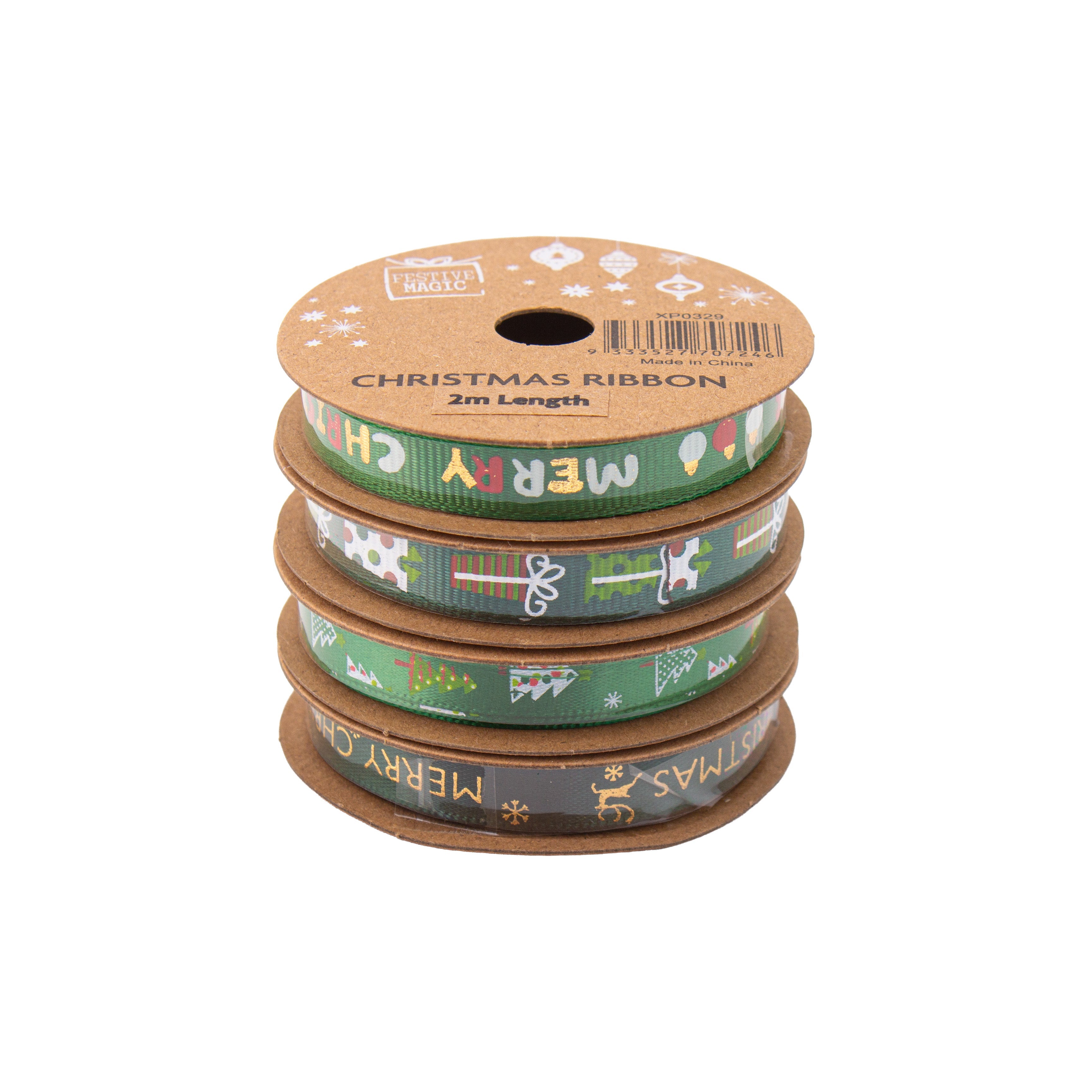 Christmas Ribbon Festive Cheer 10mm X 2m 4 Roll