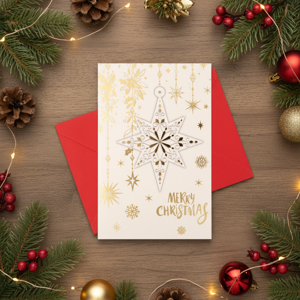 Christmas Greeting Card with Foil Detailing & Envelope Festive Stars 11.8 X 17.8cm 1pc