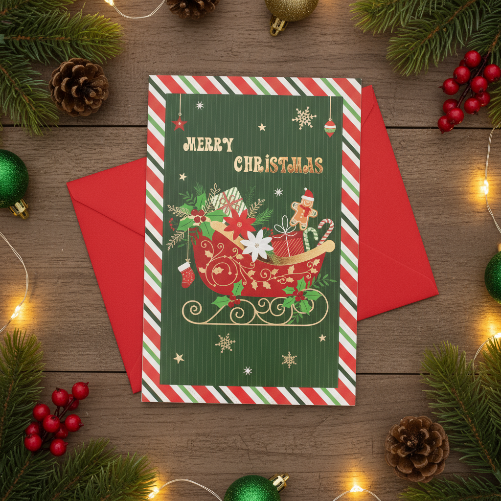 Christmas Glitter Greeting Card & Envelope Gift Sleigh 11.8 X 17.8cm 1pc