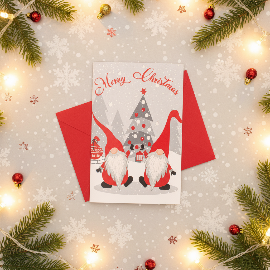 Christmas Glitter Greeting Card & Envelope Christmas Gnomes 11.8 X 17.8cm 1pc