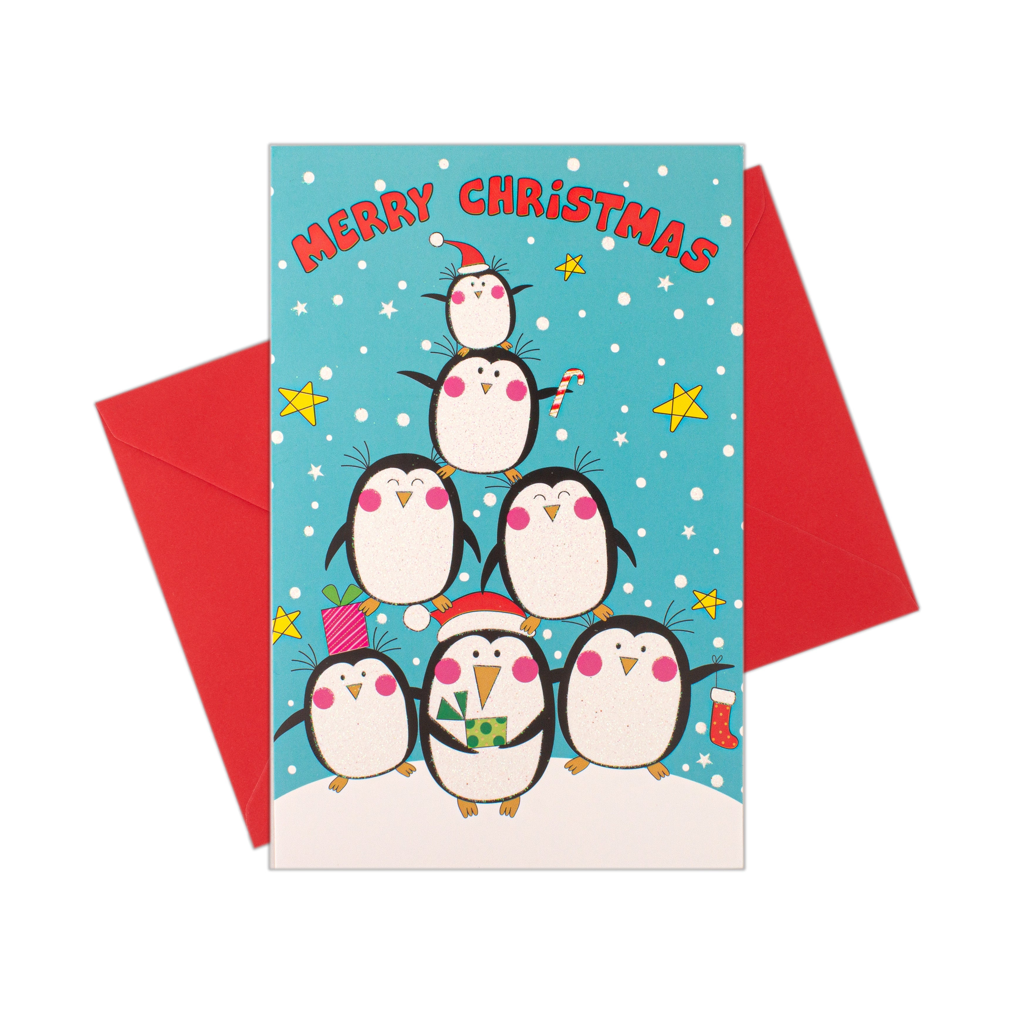 Christmas Glitter Greeting Card & Envelope Christmas Penguins 11.8 X 17.8cm 1pc