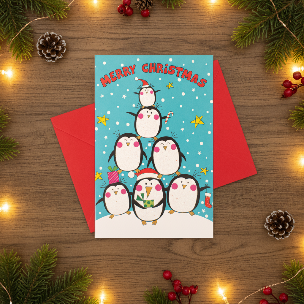 Christmas Glitter Greeting Card & Envelope Christmas Penguins 11.8 X 17.8cm 1pc