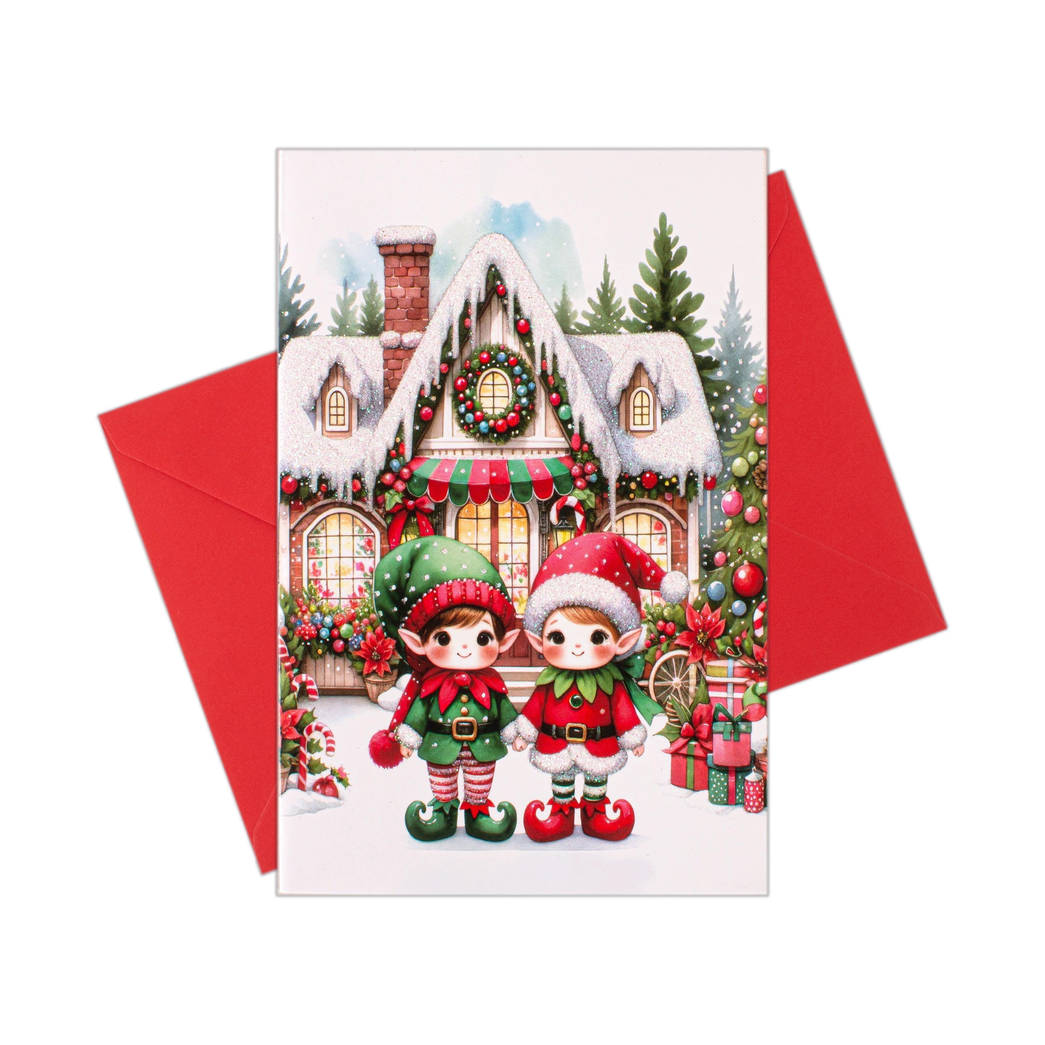 Christmas Glitter Greeting Card & Envelope Christmas Elves 11.8 X 17.8cm 1pc