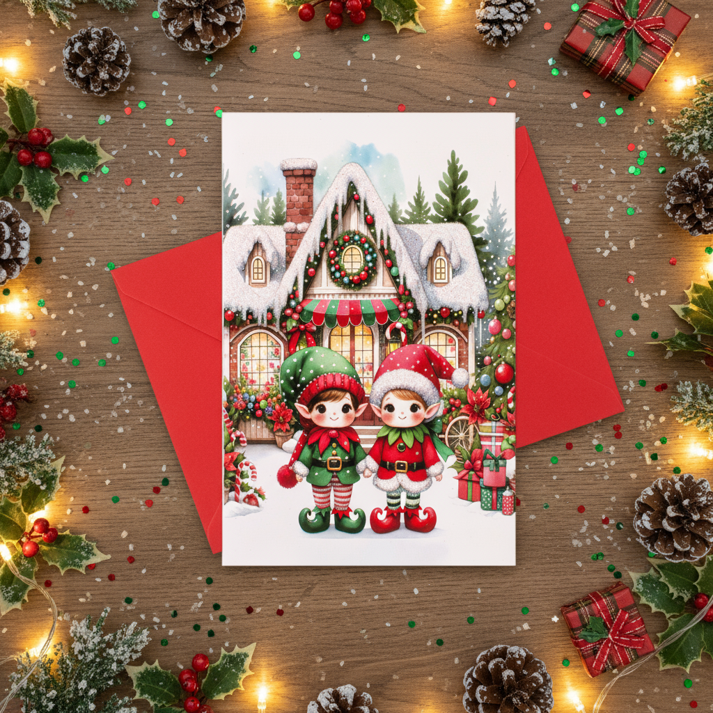 Christmas Glitter Greeting Card & Envelope Christmas Elves 11.8 X 17.8cm 1pc