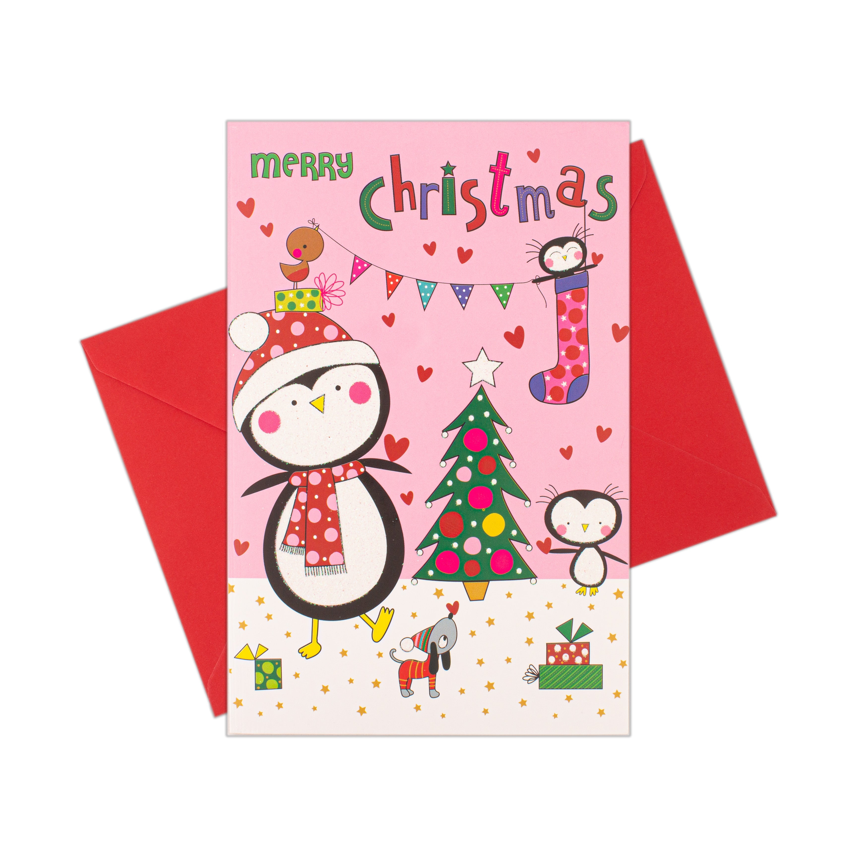 Christmas Glitter Greeting Card & Envelope Winter Penguin 11.8 X 17.8cm 1pc
