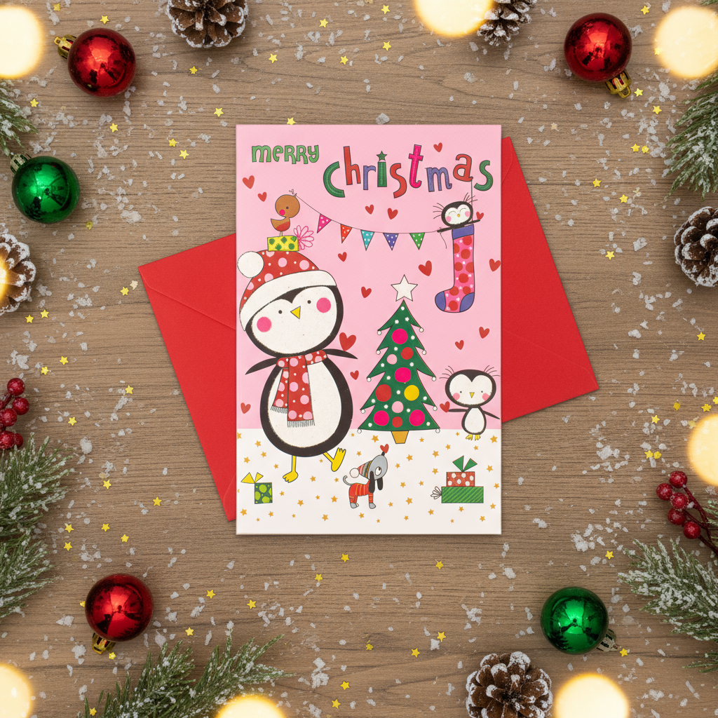 Christmas Glitter Greeting Card & Envelope Winter Penguin 11.8 X 17.8cm 1pc