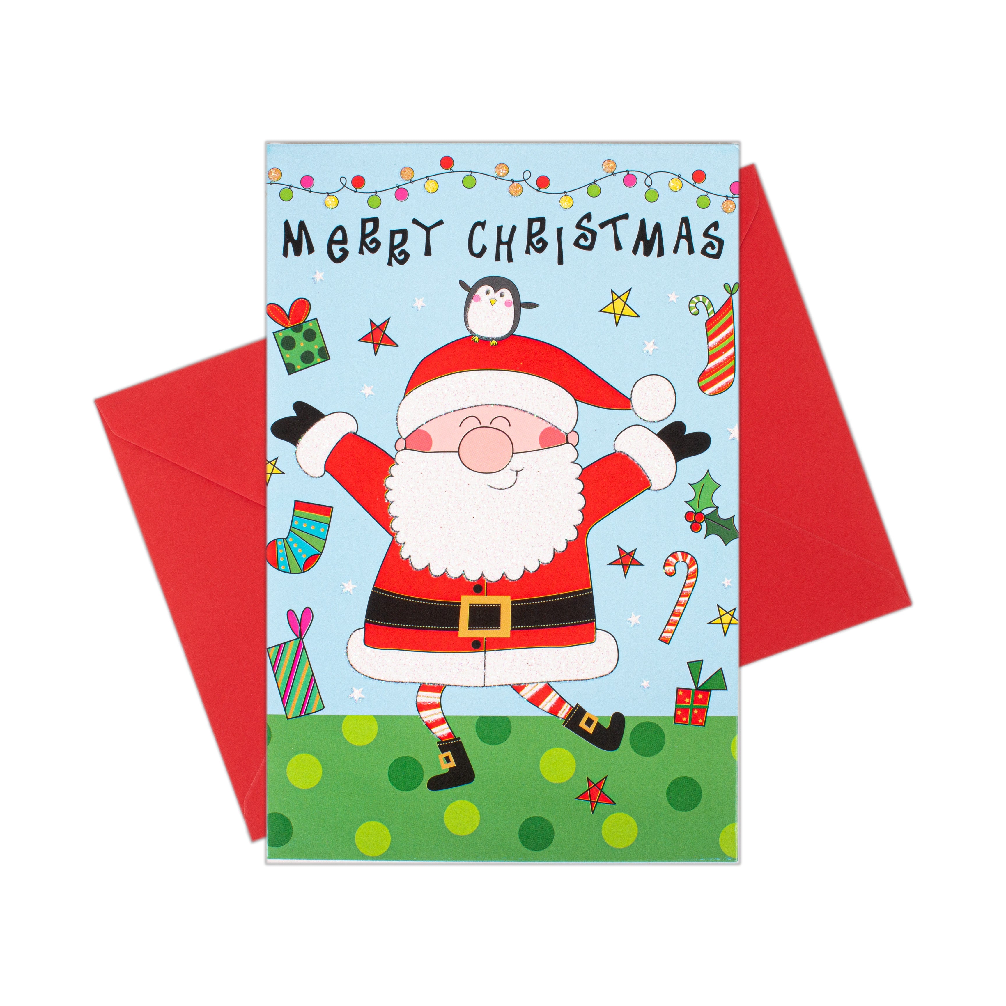 Christmas Glitter Greeting Card & Envelope Cheerful Santa 11.8 X 17.8cm 1pc