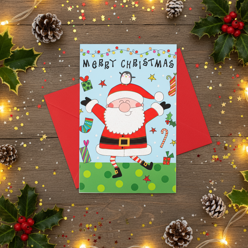 Christmas Glitter Greeting Card & Envelope Cheerful Santa 11.8 X 17.8cm 1pc