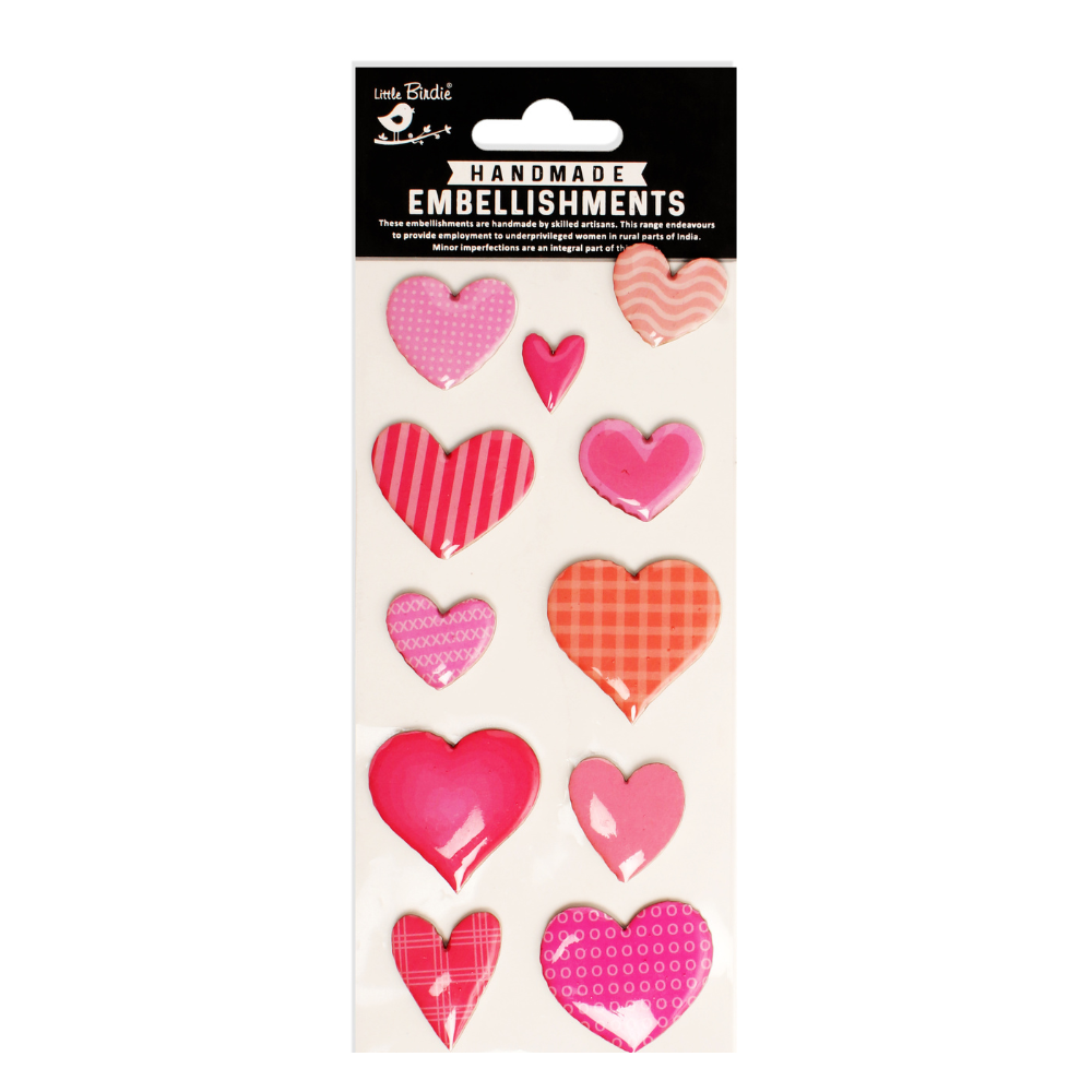 Handmade Resin Stickers - Glazed Hearts, Pink, 11pc, 1 Sheet