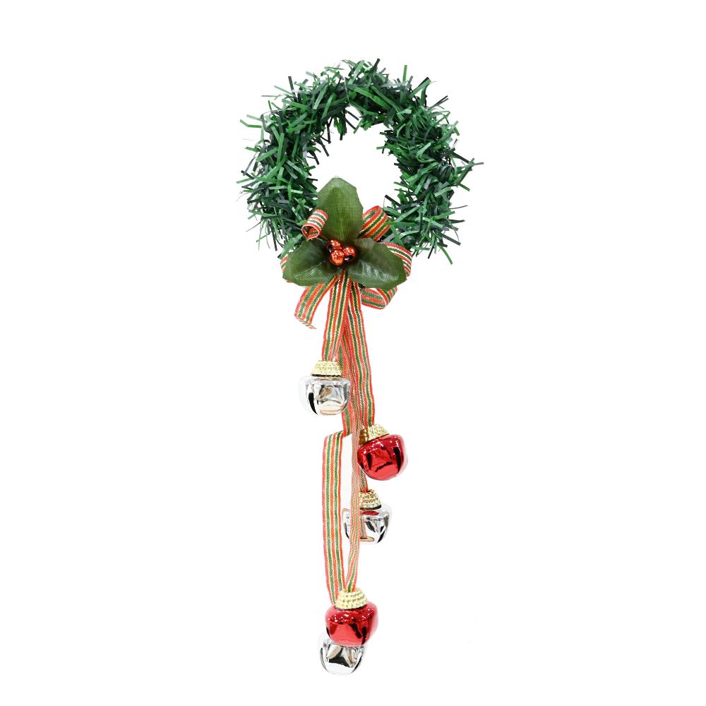 Tinsel Wreath Adorned with 5 X 2cm Shiny Nutbells on Ribbon Red-Silver 30cm 1pc