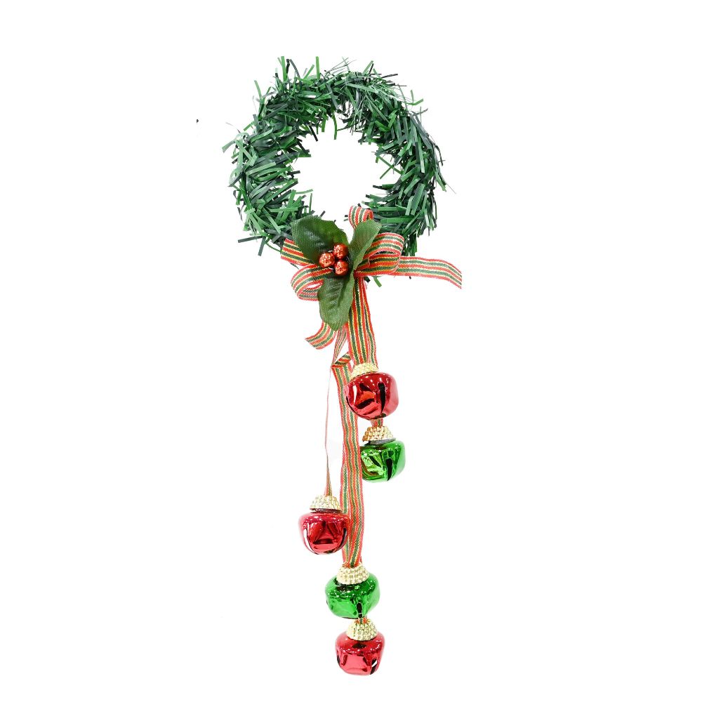 Tinsel Wreath Adorned with 5 X 2cm Shiny Nutbells on Ribbon Red-Green 30cm 1pc