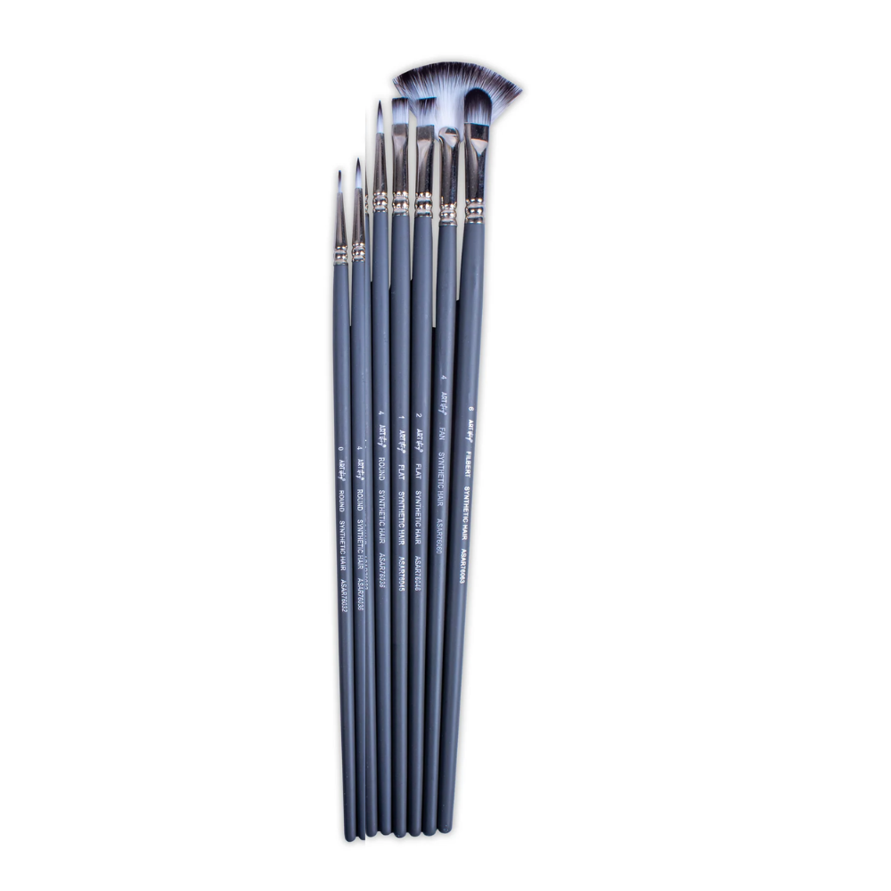 Long Handle Brush Round And Flat Synthetic Hair Size 0 2 4 8 And 2 6 8 12 Set of 8pc
