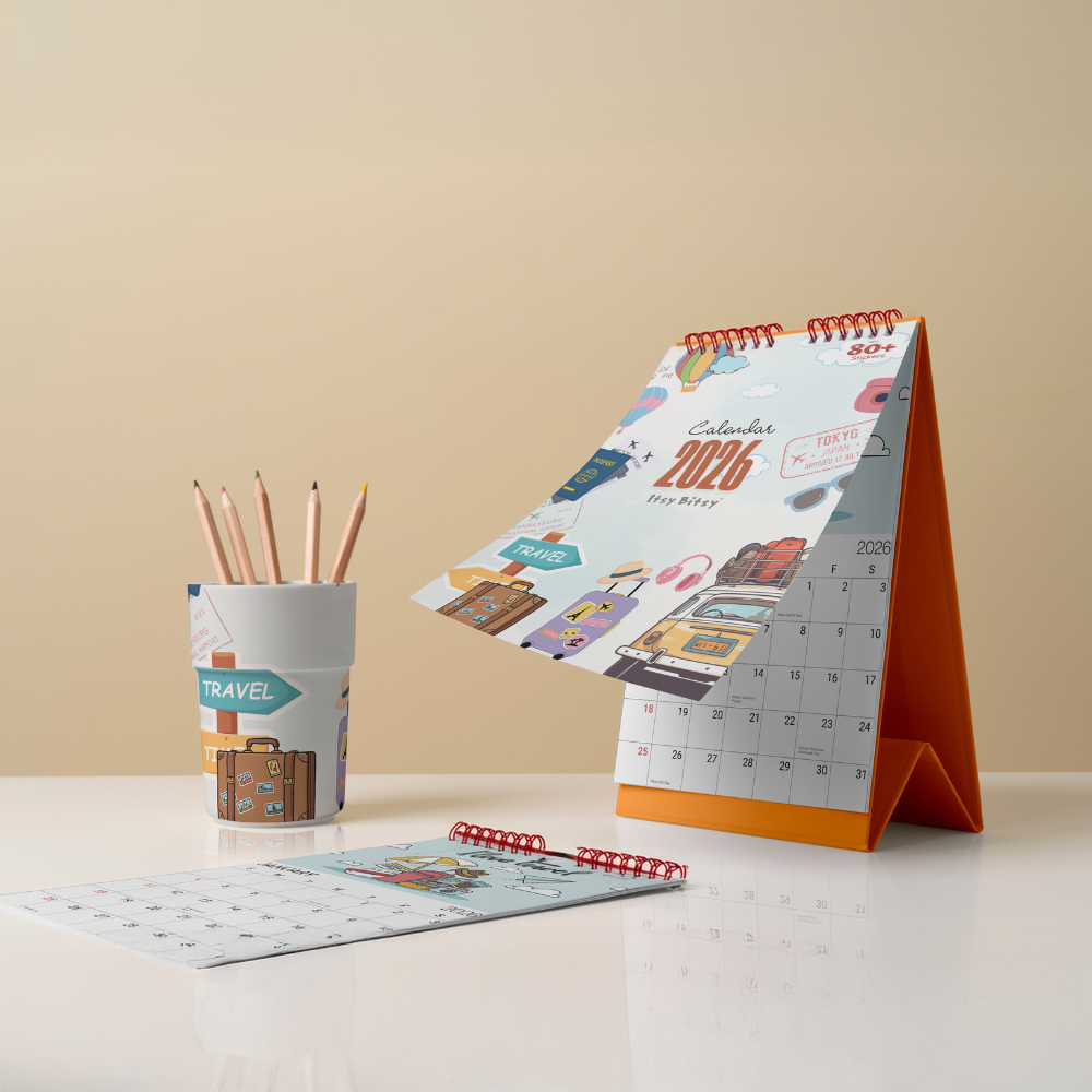 Desk Calendar 2026 Travel Adventure with 80 Travel Emoji Stickers 6 X 9inch 13 Sheets