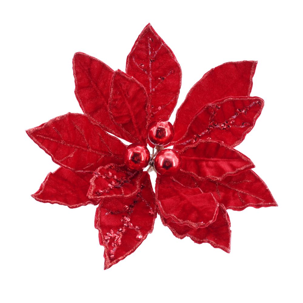 Poinsettia Red Baubles Stem with Clip 1pc