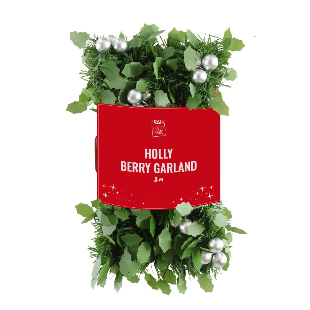 Holly Berry Garland Green Tinsel and Holly Leaves with and 12 Berry Bunches Matte Silver 3mtr