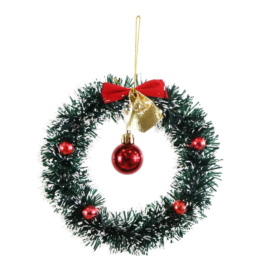 Christmas Tinsel Wreath Dark Green & White Tip with Bow & Red Cheery with Bauble 16cm 1pc