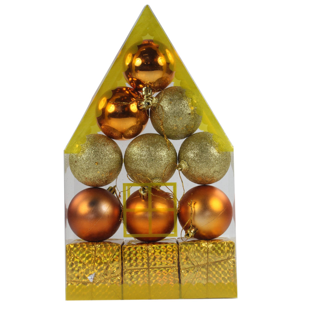 Decorative Christmas Hanging Ornaments - Baubles And Gifts, Orange And Gold, 1 Pack