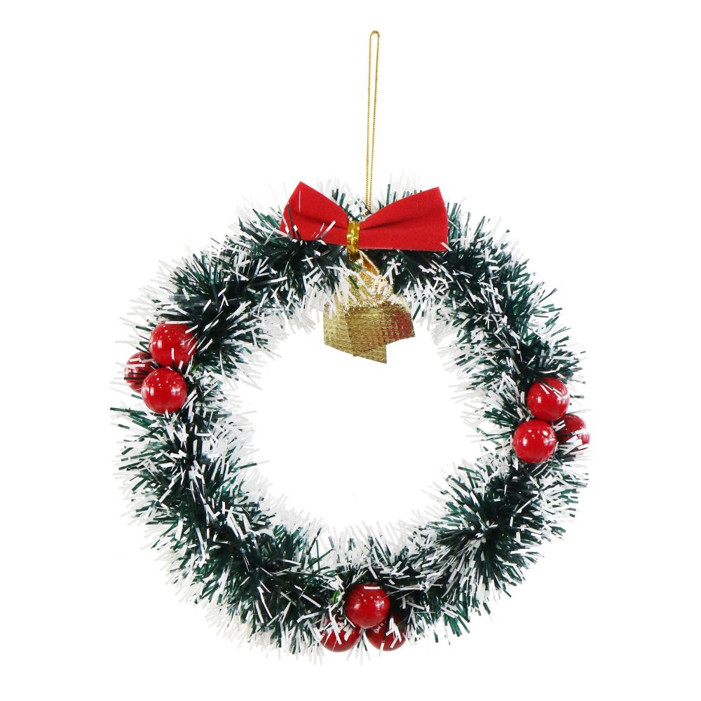 Christmas Tinsel Wreath Dark Green & White Tip with Bow & Red Cherry 16cm 1pc