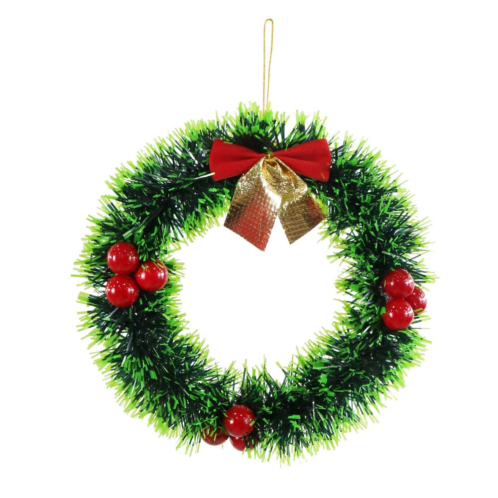 Christmas Tinsel Wreath Dark Green & Green Tip with Bow & Red Cheery 16cm 1pc