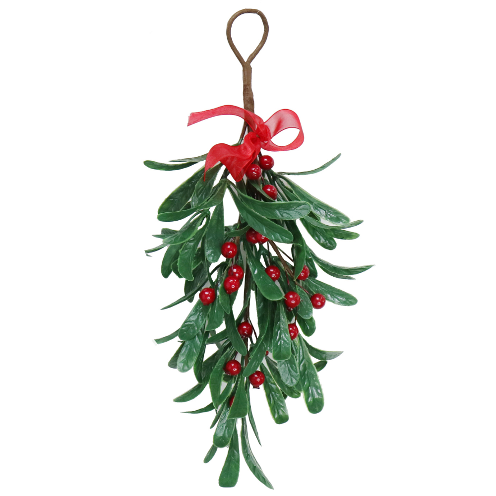 Christmas Hanging Decoration - Mistletoe With Red Berries and Red Bow, 35cm, 1pc