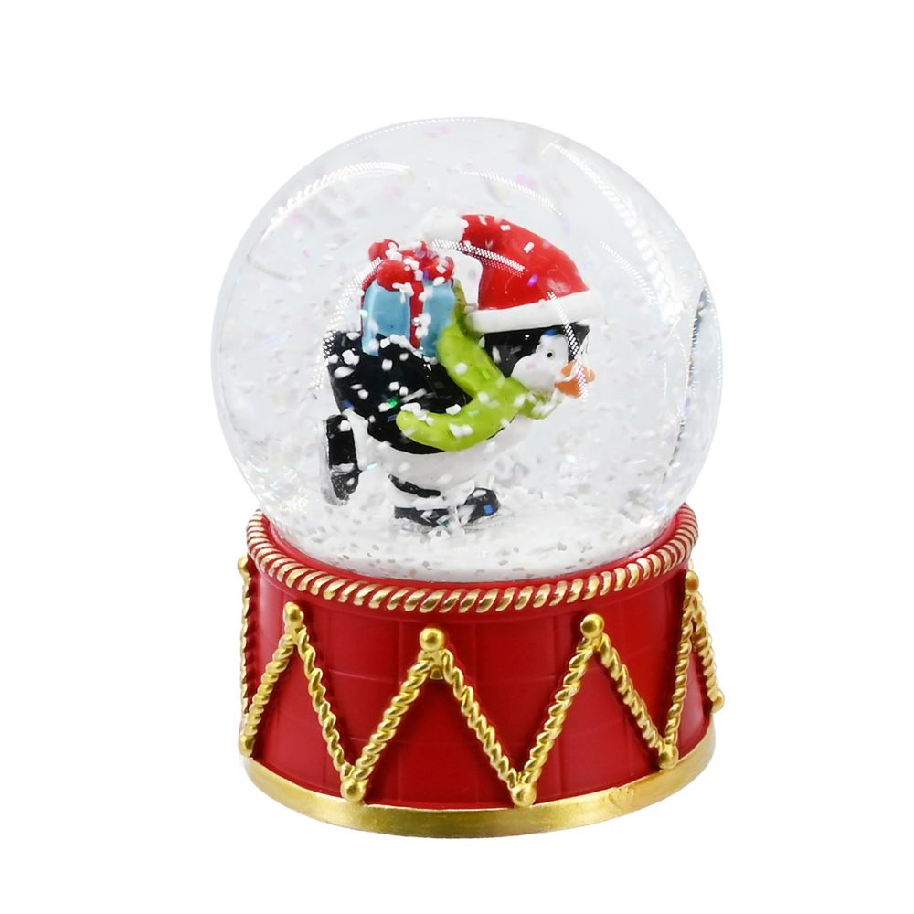 Christmas Waterball Red Drum-Shaped Base with Gold Braid Penguin 65mm 1pc