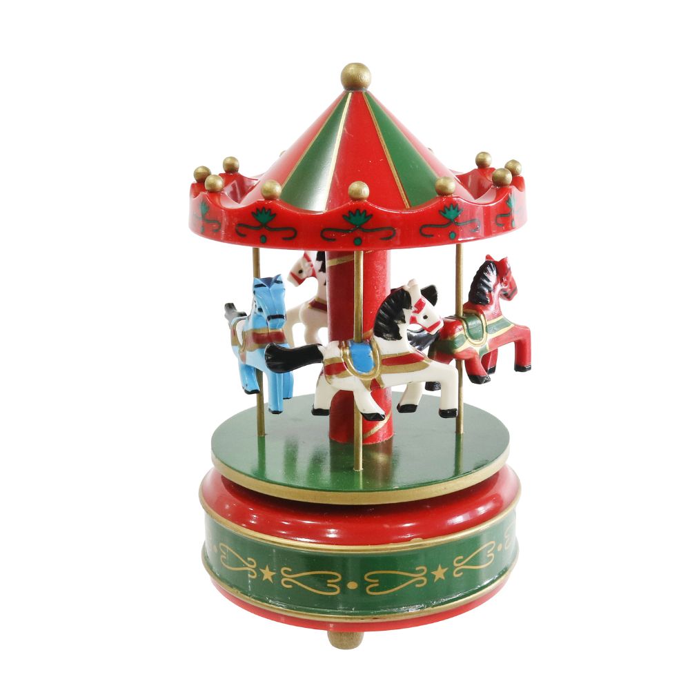 Windup Musical Carousel with 4 Horses Green 1pc Box