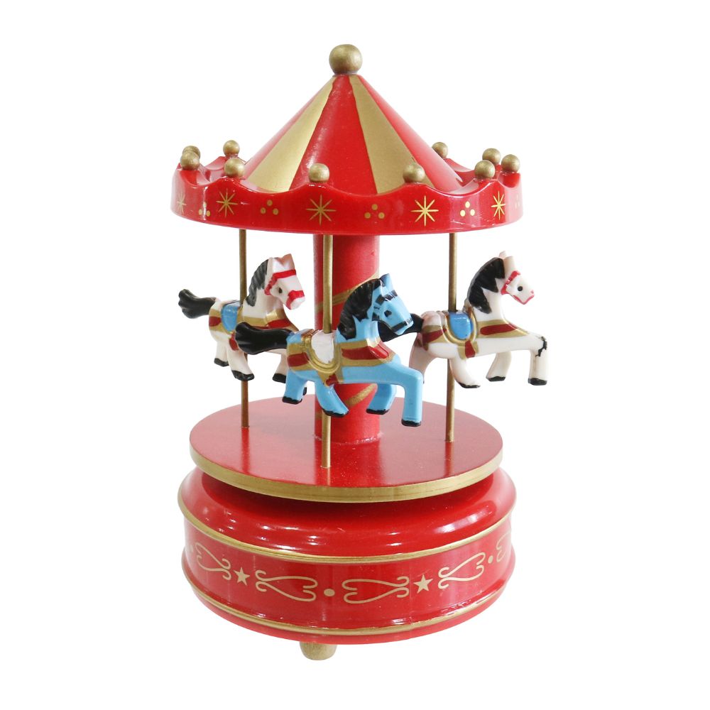 Windup Musical Carousel with 4 Horses Red 1pc Box