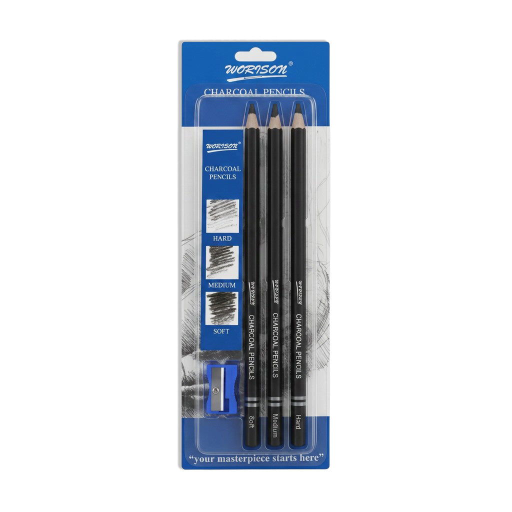 Charcoal Pencils Soft, Medium and Hard with Sharpener Set of 3pcs Blister
