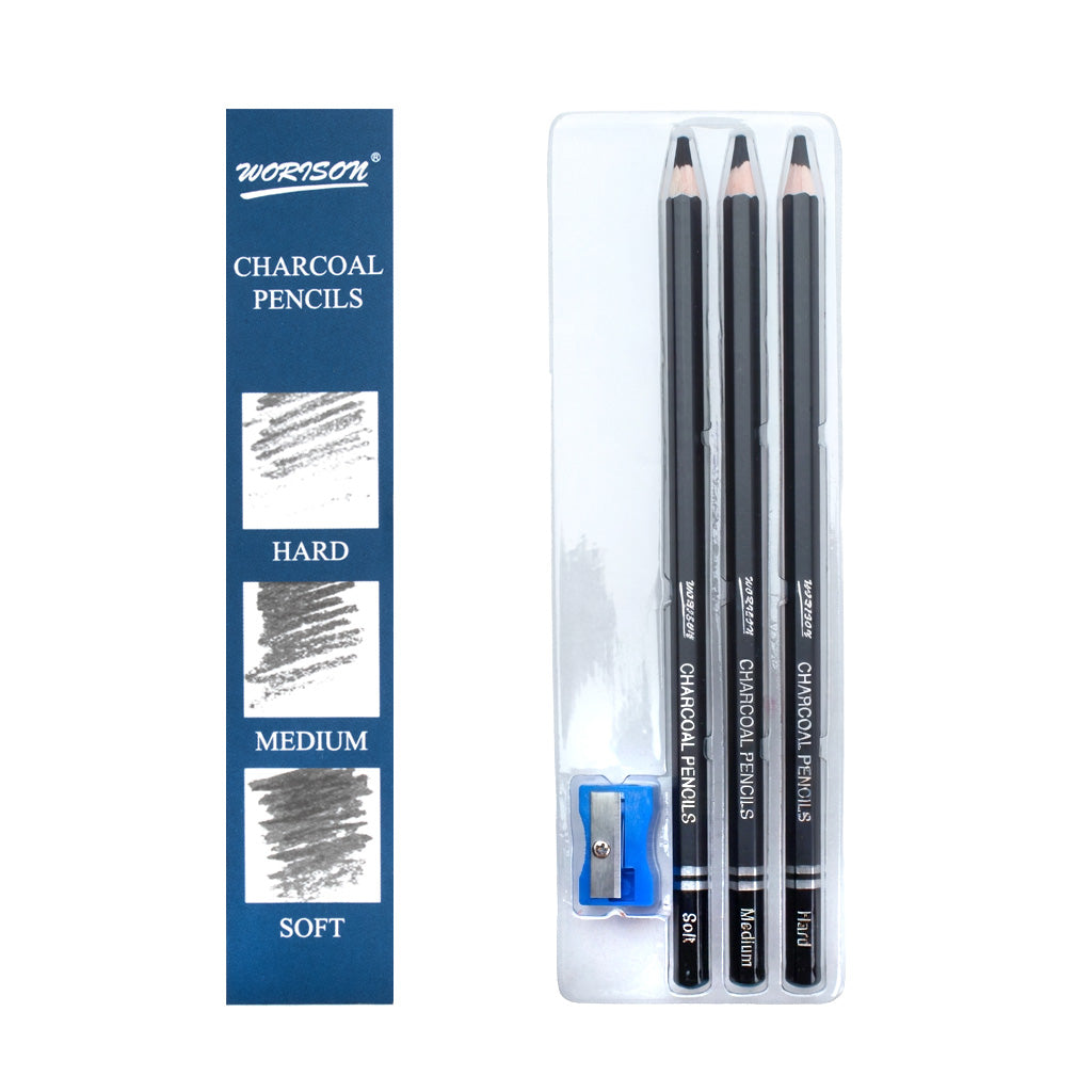 Charcoal Pencils Soft, Medium and Hard with Sharpener Set of 3pcs Blister