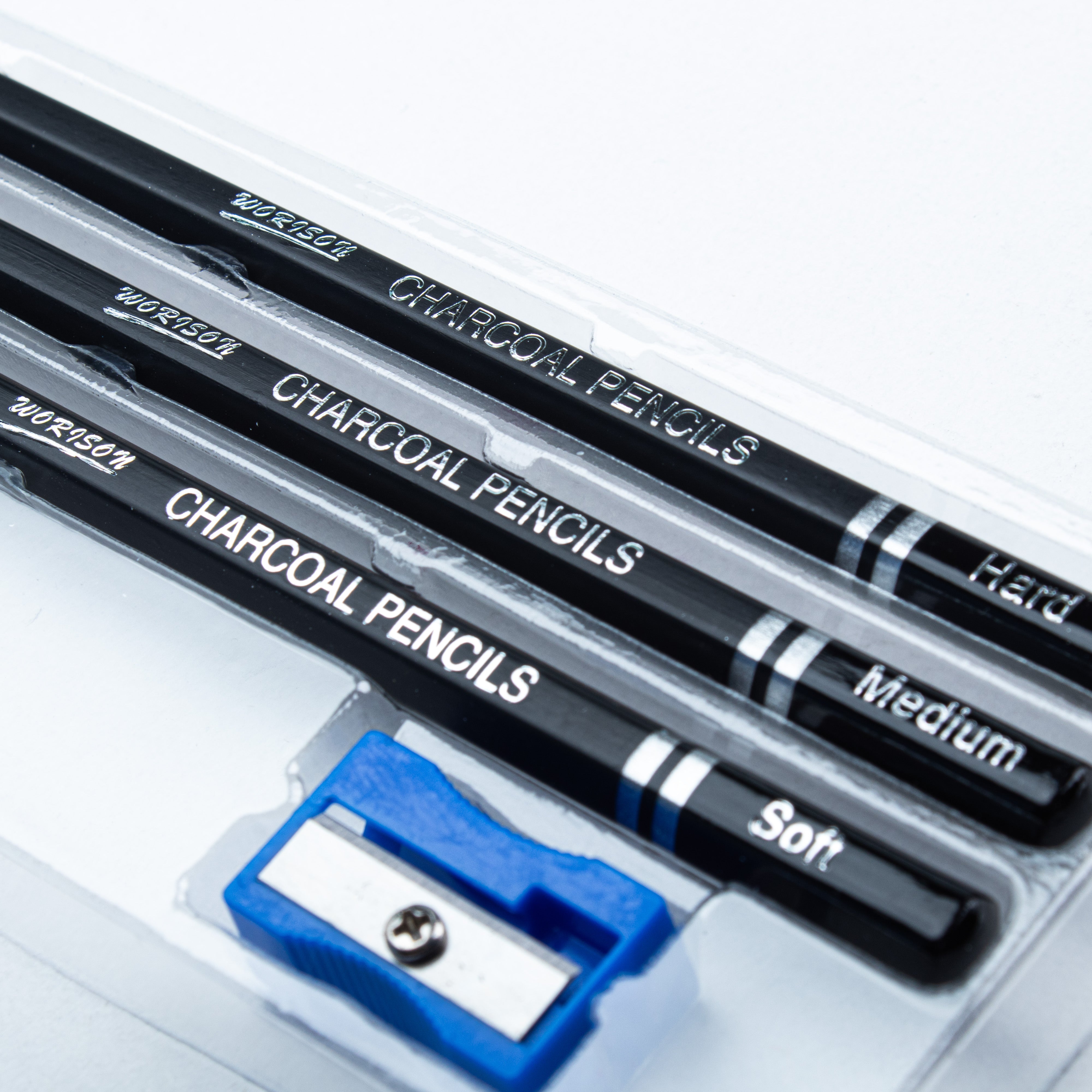 Charcoal Pencils Soft, Medium and Hard with Sharpener Set of 3pcs Blister